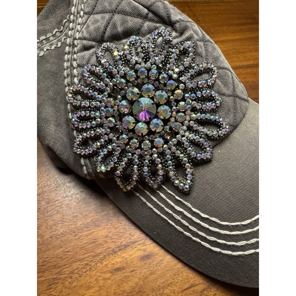 Olive and Pique Rhinestone Ball Cap Bling Rhinestone Crystal Flower Glass Design - Picture 4 of 7
